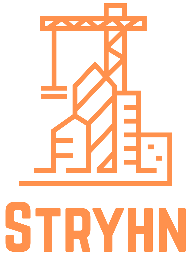 Orange logo featuring a construction crane over stylized buildings above the word 