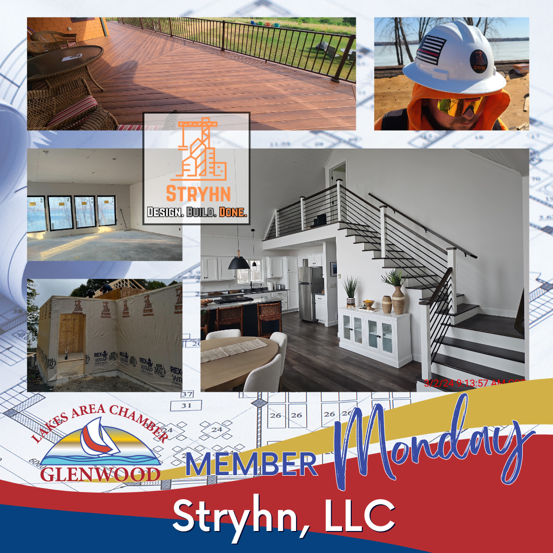 A collage of construction projects, the Stryhn, LLC logo, and the Glenwood Chamber of Commerce logo on a blueprint background.