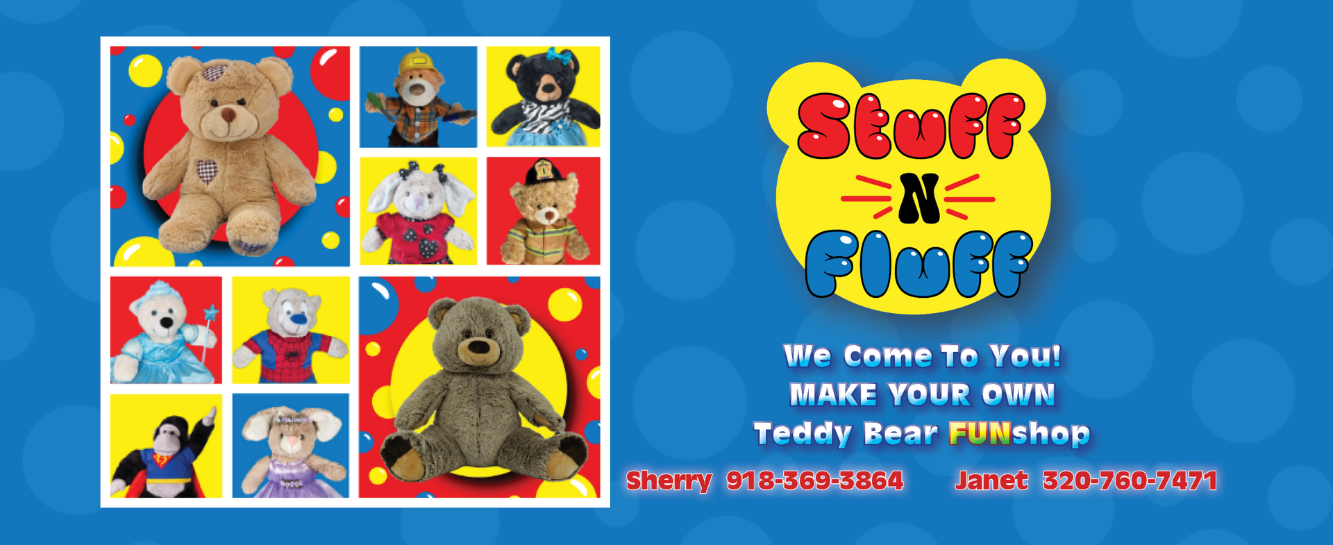 Promotional banner for Stuff N Fluff, a mobile teddy bear workshop, featuring various plush toys and contact information.