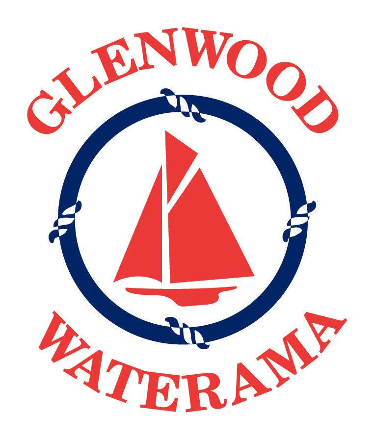 A logo for Glenwood Waterama featuring a red sailboat inside a blue circular rope border, with text above and below it.
