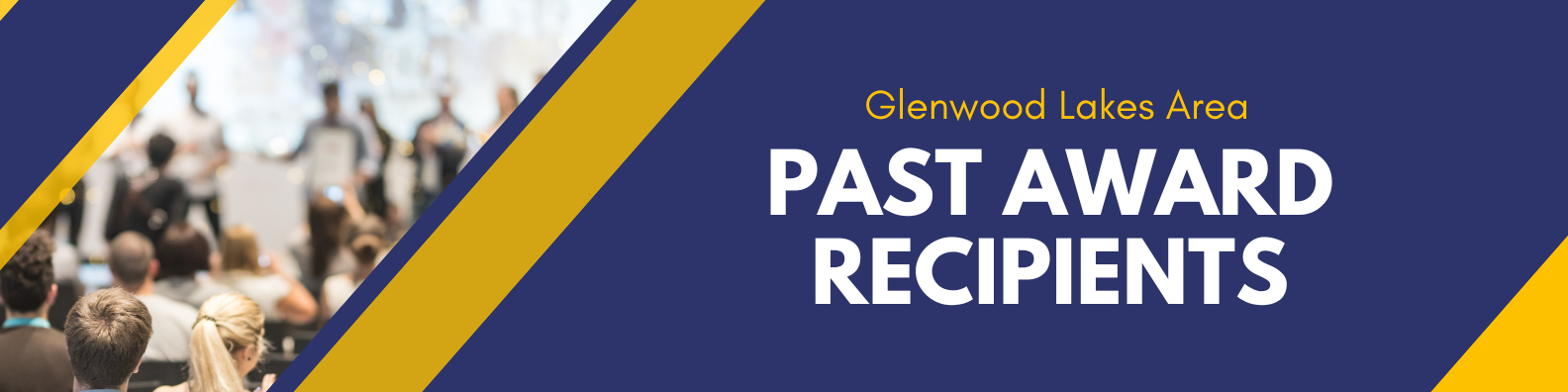 A banner for Glenwood Lakes Area Past Award Recipients with a blue background, gold accents, and a blurred crowd image.