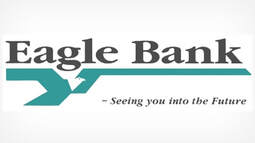 The Eagle Bank logo features the company name in dark gray with a teal stylized eagle graphic and the slogan below.