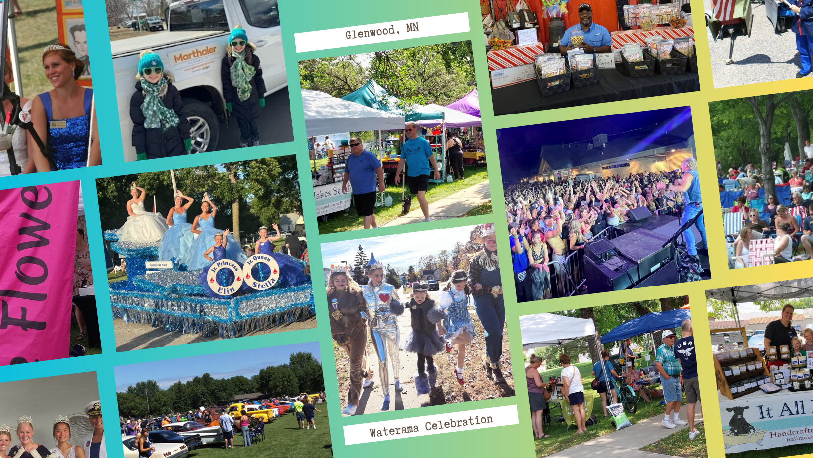A collage showing various scenes from an outdoor summer festival, including parade floats, vendor booths, and a concert.