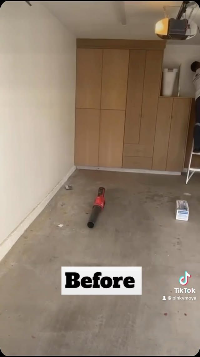 Empty room with bare concrete floor, white walls, and tall wooden cabinets at the back, labeled “Before.”