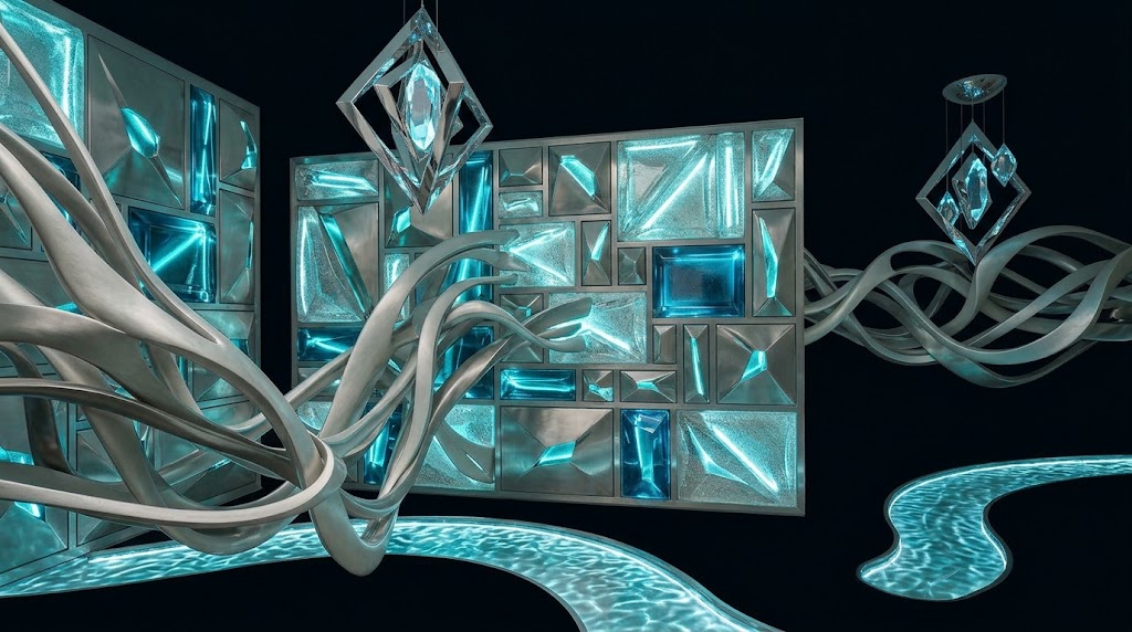 Abstrakte, cyanfarbene, kristallartige Würfel mit ineinander verschlungenen Metallröhren auf dunklem Hintergrund