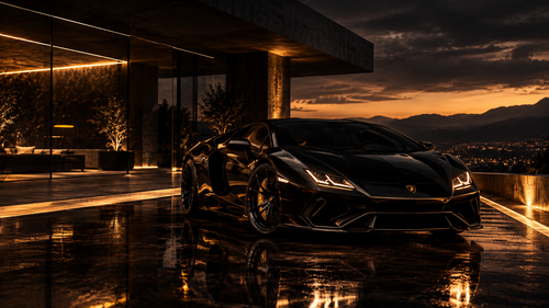 Ein luxuriöser schwarzer Sportwagen parkt bei Sonnenuntergang vor einem modernen Haus; warme Spiegelungen fallen auf den nassen Asphalt.