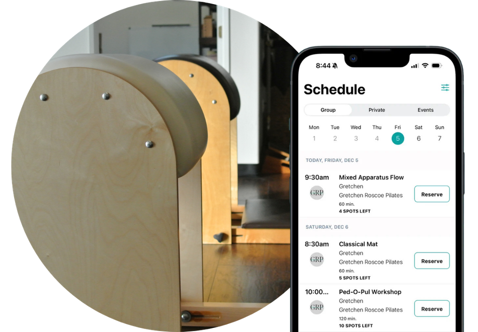 Online scheduling for group & Pilates private Pilates sessions.  Two Gratz ladder barrels used for classical Pilates.
