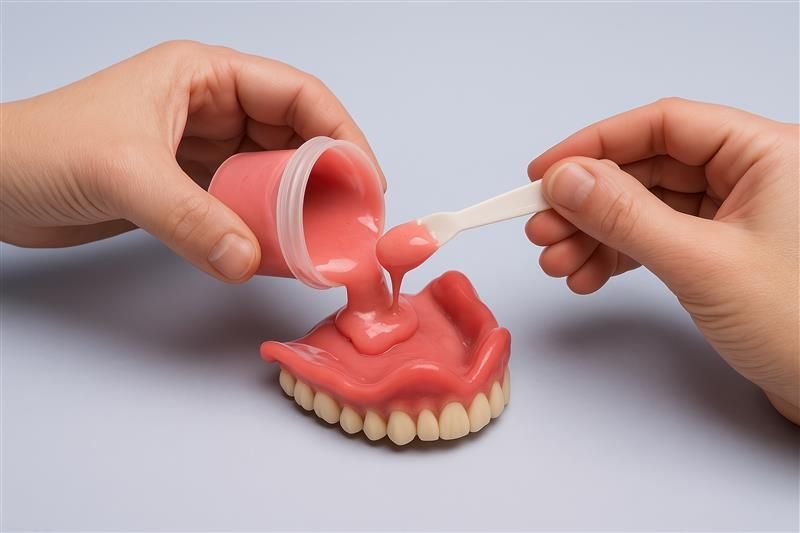 Hands pouring pink dental mold material onto a teeth model with a spatula
