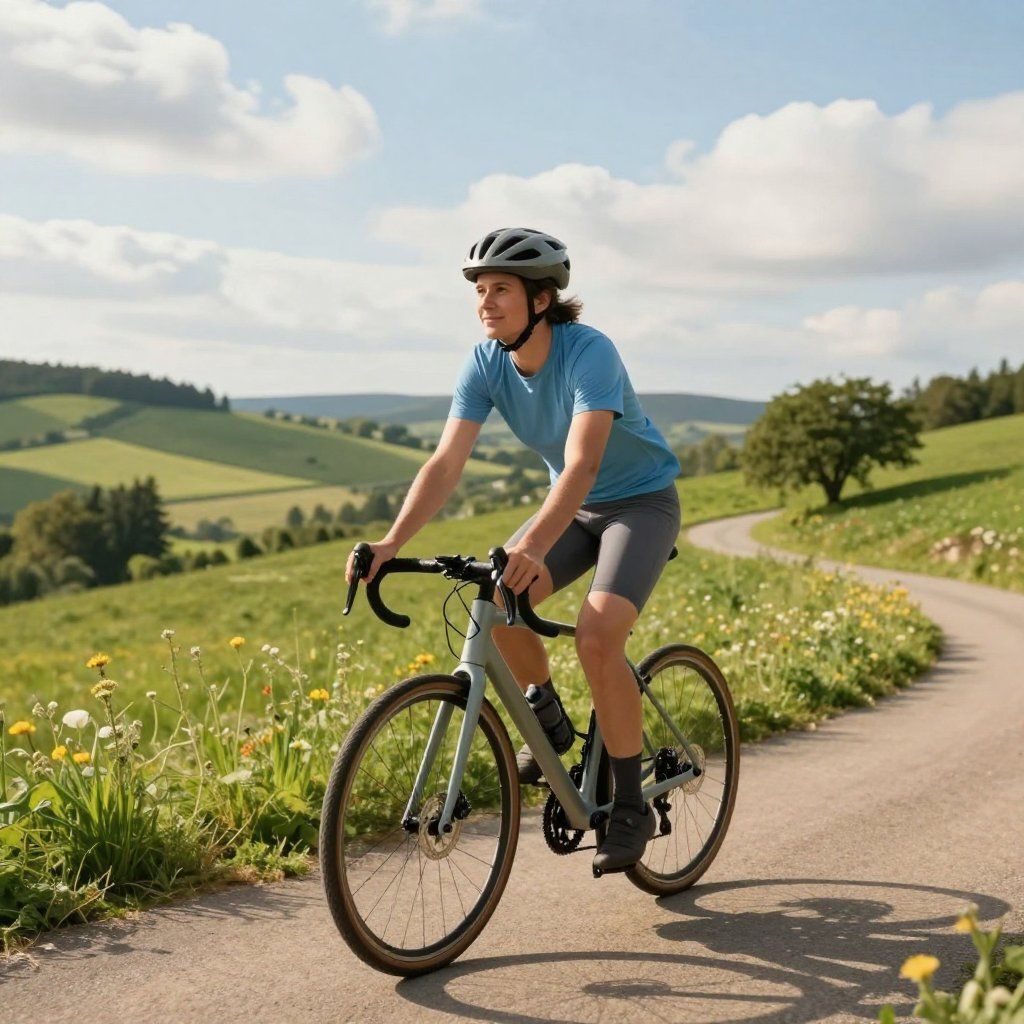 A cyclist wearing a helmet rides a light blue bike on a rural path through a sunny, green, hilly landscape.