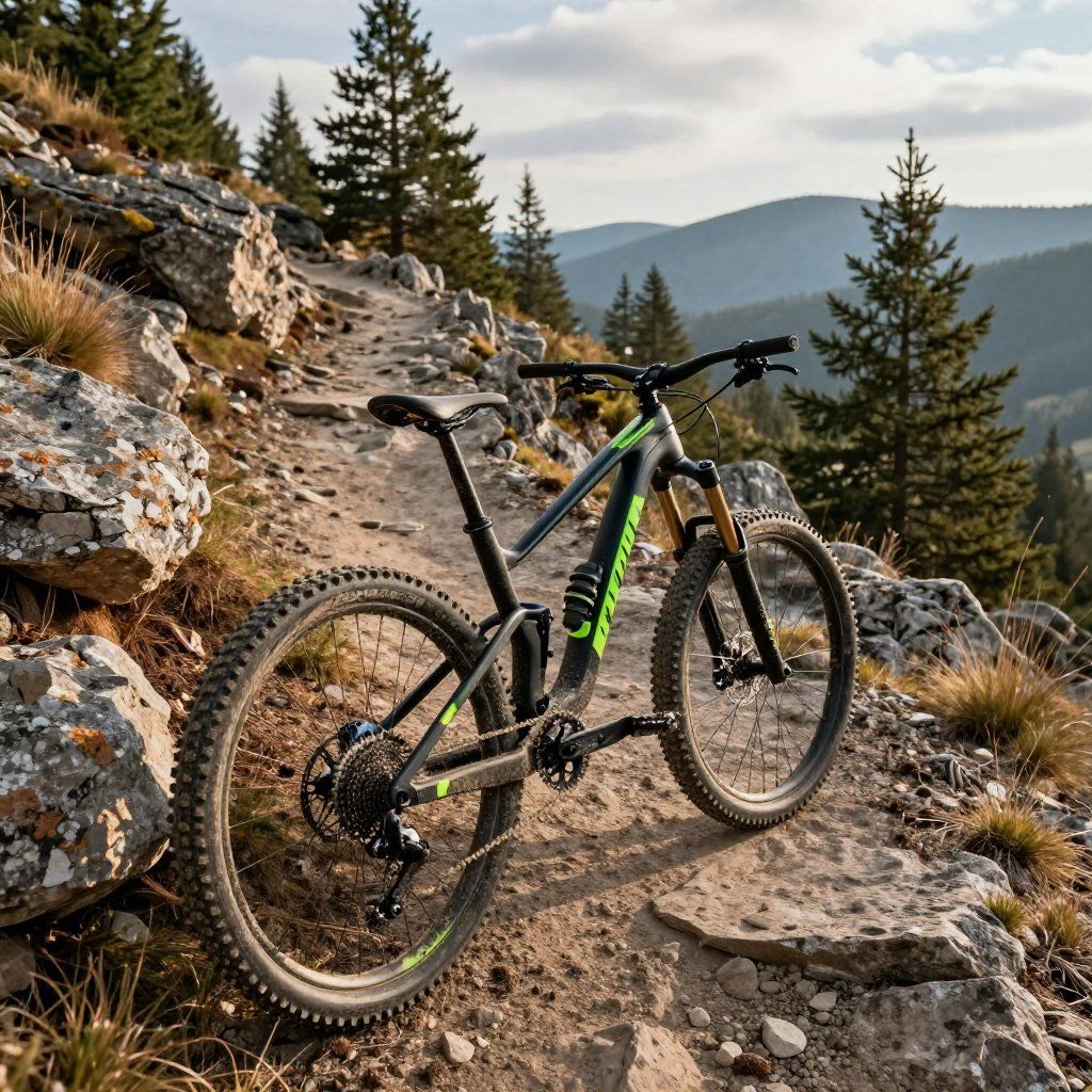 A grey and lime green mountain bike parked on a rocky trail with evergreen trees and mountains in the background.