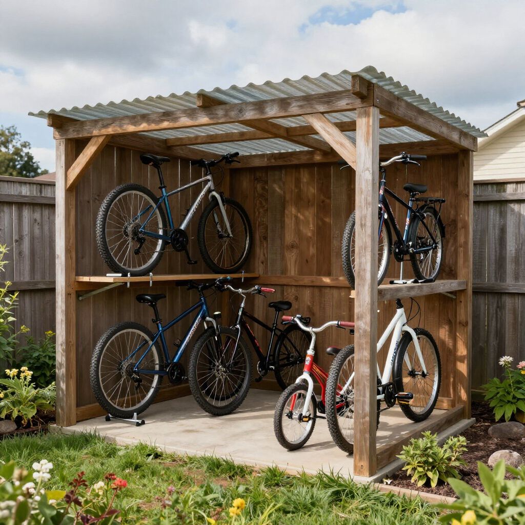 A wooden outdoor shed with a corrugated roof, storing five bicycles on two levels on a backyard concrete pad.