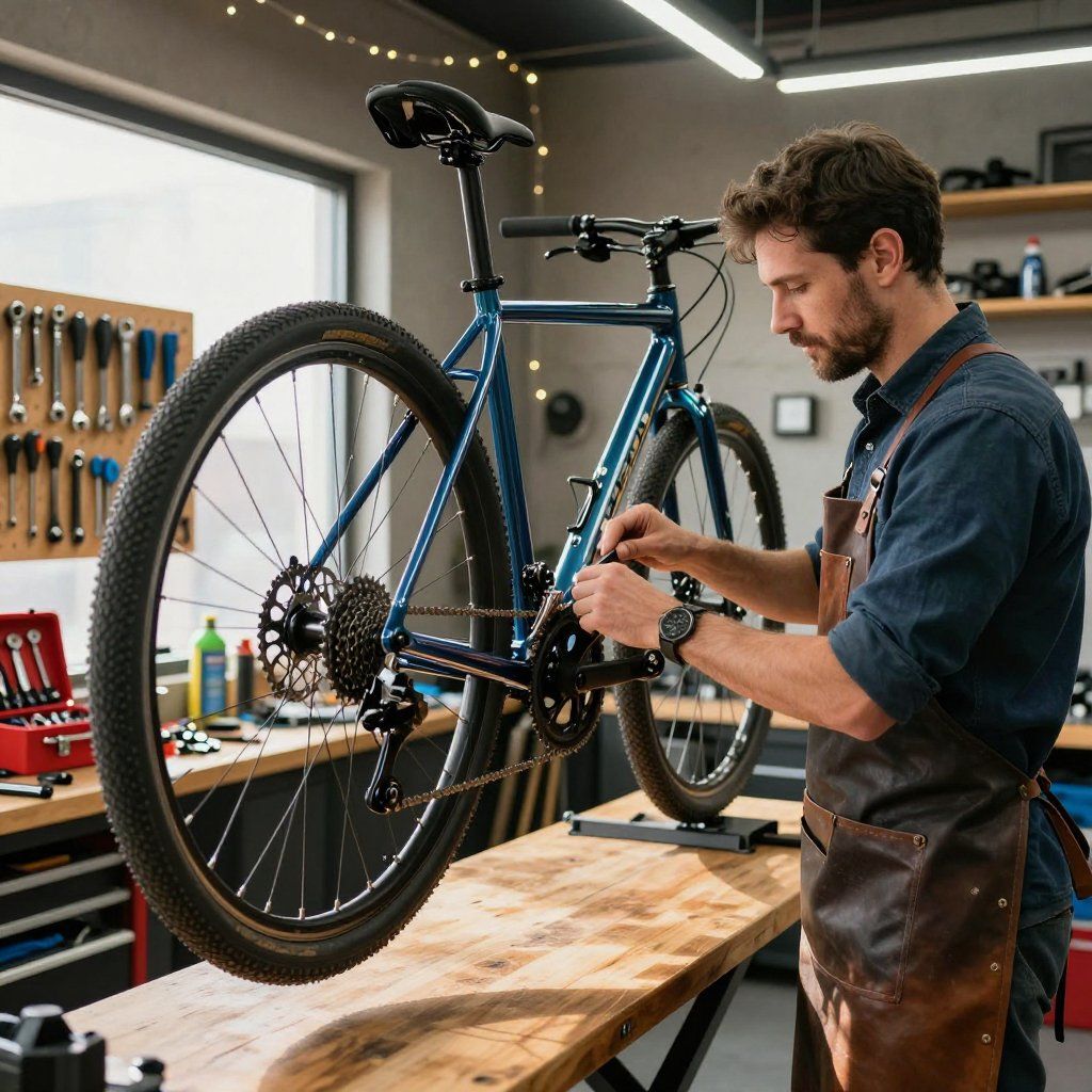 A person in a leather apron works on a blue mountain bike mounted on a wooden workbench in a well-lit workshop.