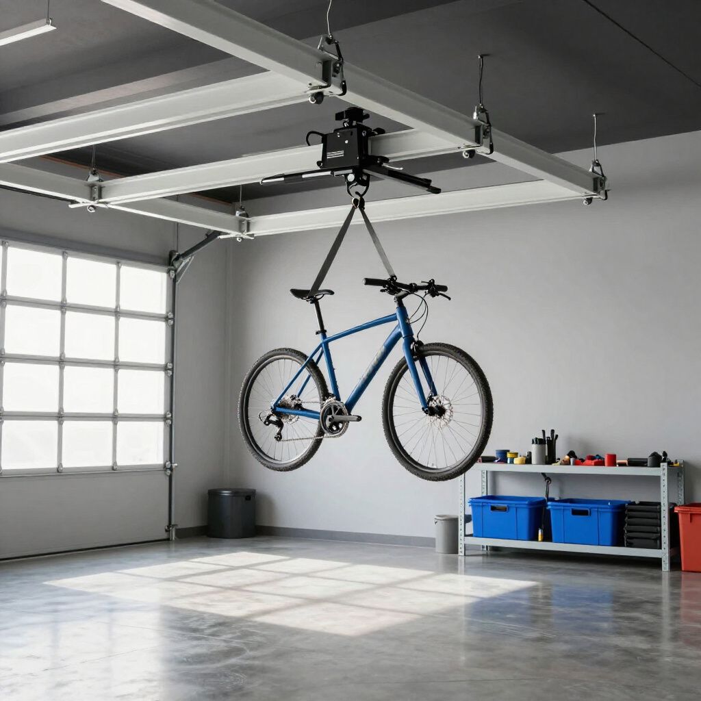 A blue bicycle suspended by a pulley system from a metal frame mounted to a garage ceiling.