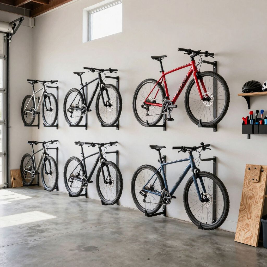 Six bicycles are hung on a white wall in a garage using black vertical storage racks, arranged in two rows.
