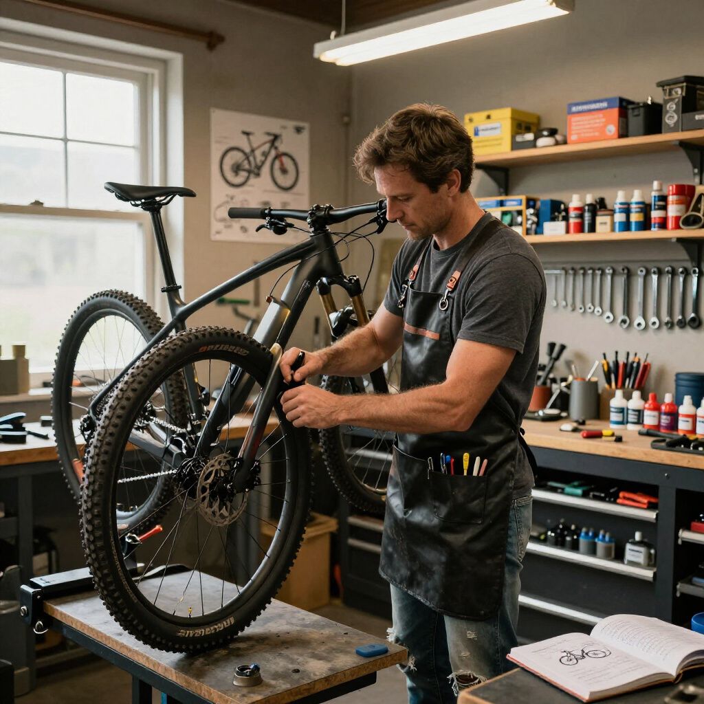 A person wearing an apron meticulously repairs a mountain bike in a well-organized workshop with tools on the wall.