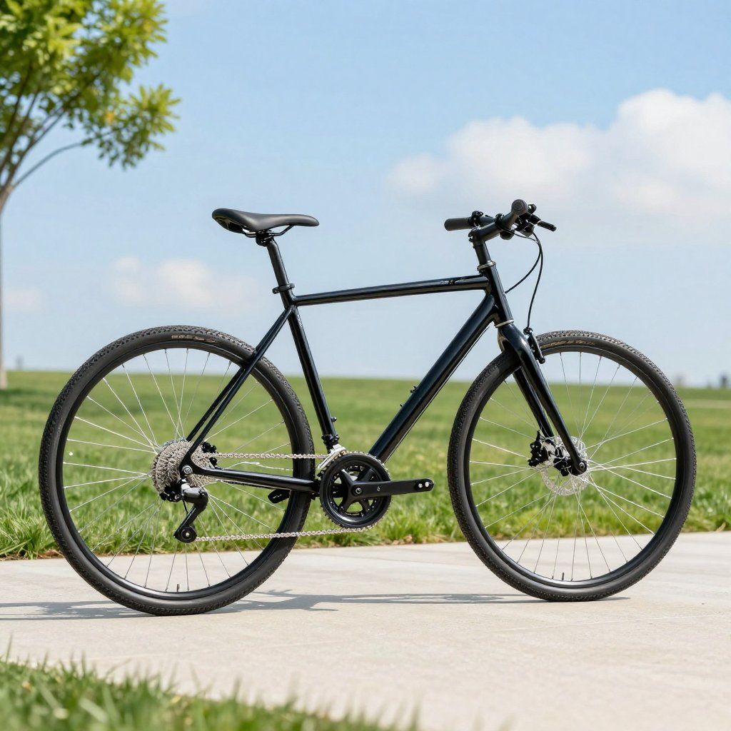 A matte black hybrid bicycle stands on a paved path against a blurred background of green grass and a blue sky.