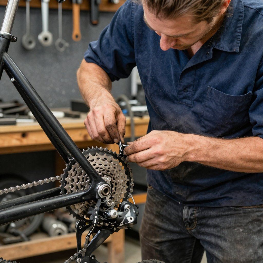 A person in a blue shirt works on the rear derailleur of a bicycle in a workshop in Northern Michigan.