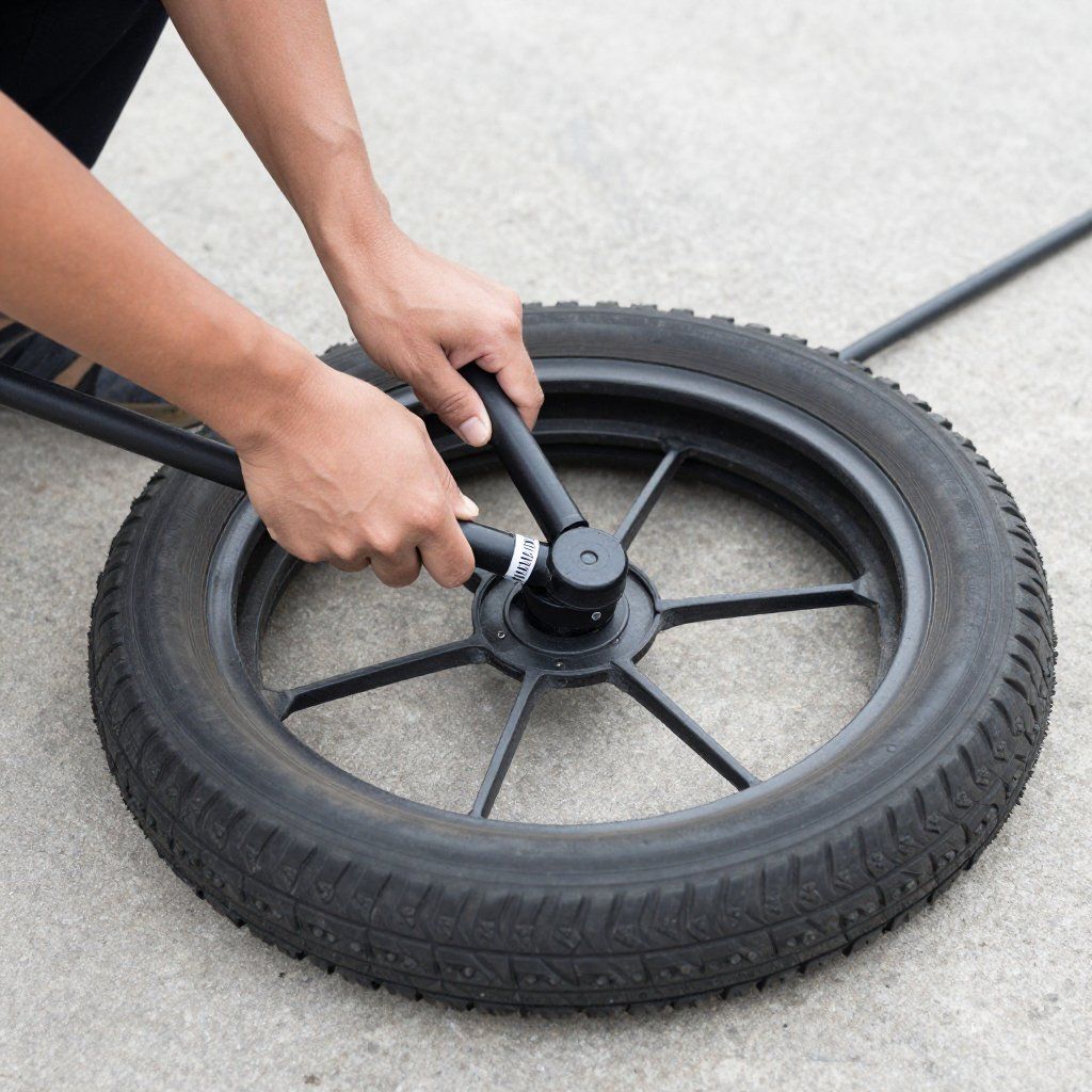 A person’s hands attaching a black metal frame to a rubber bicycle wheel on a concrete surface.