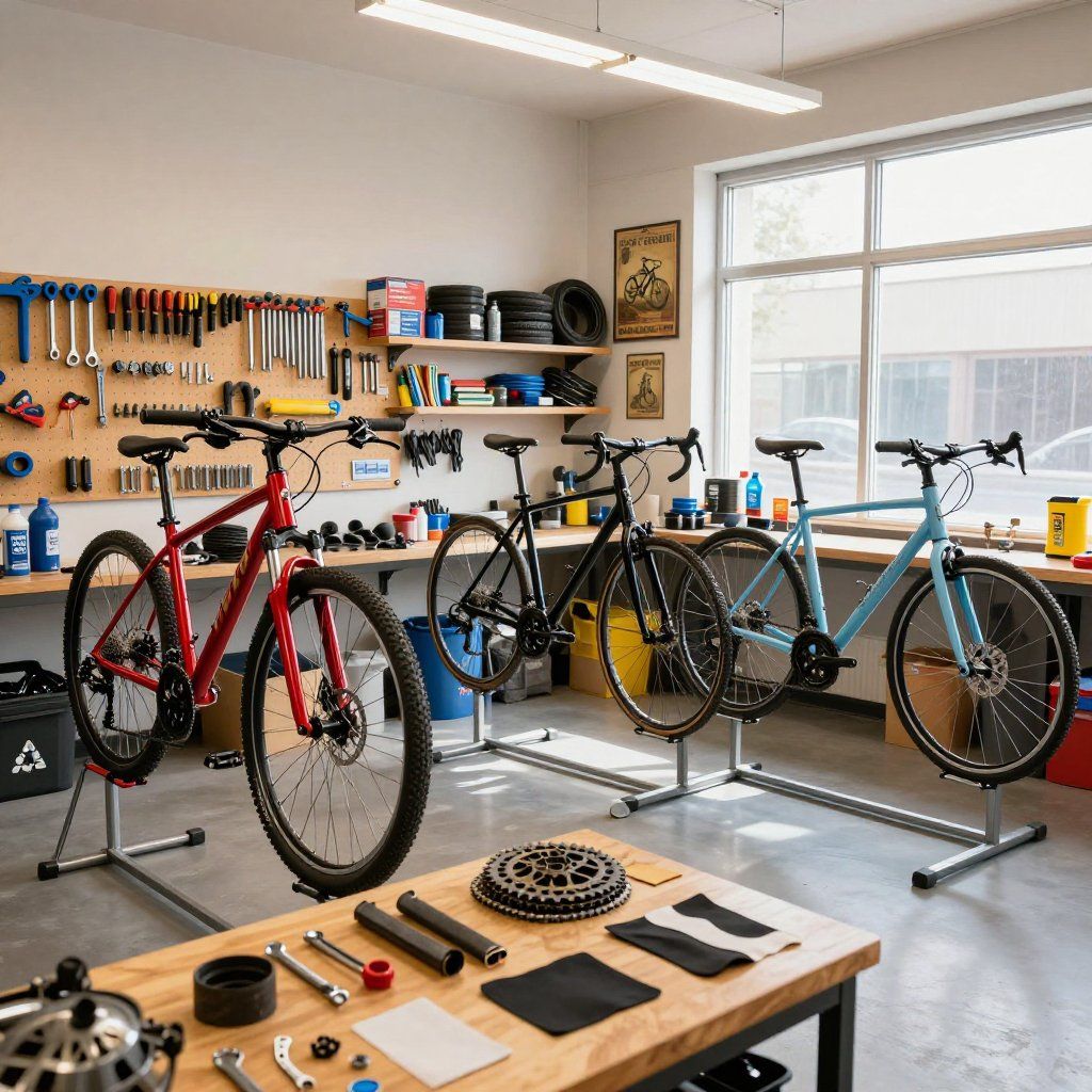 A bike repair shop with three bicycles on stands, a tool wall, and a workbench with various parts.