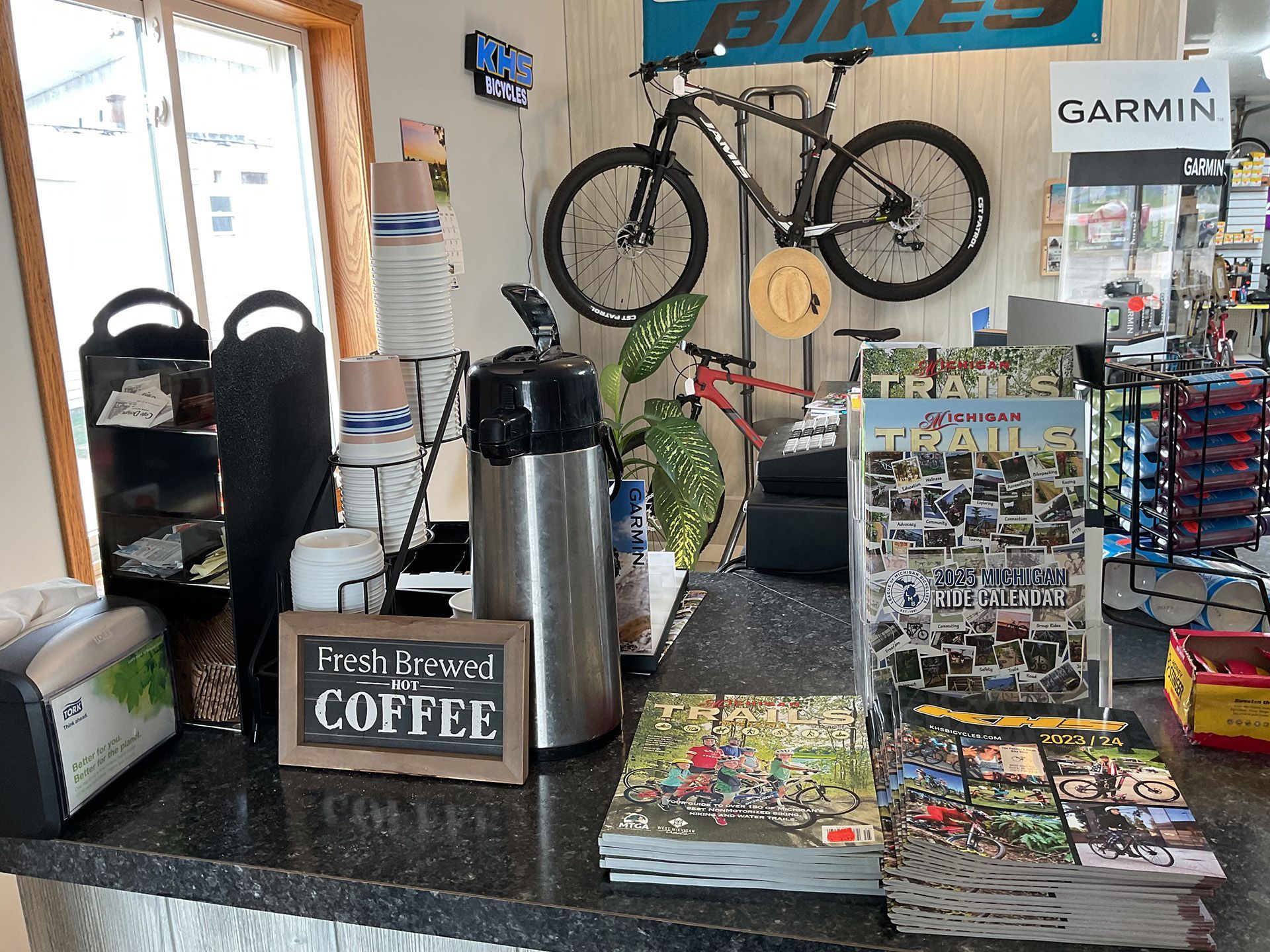 coffee at bike shop