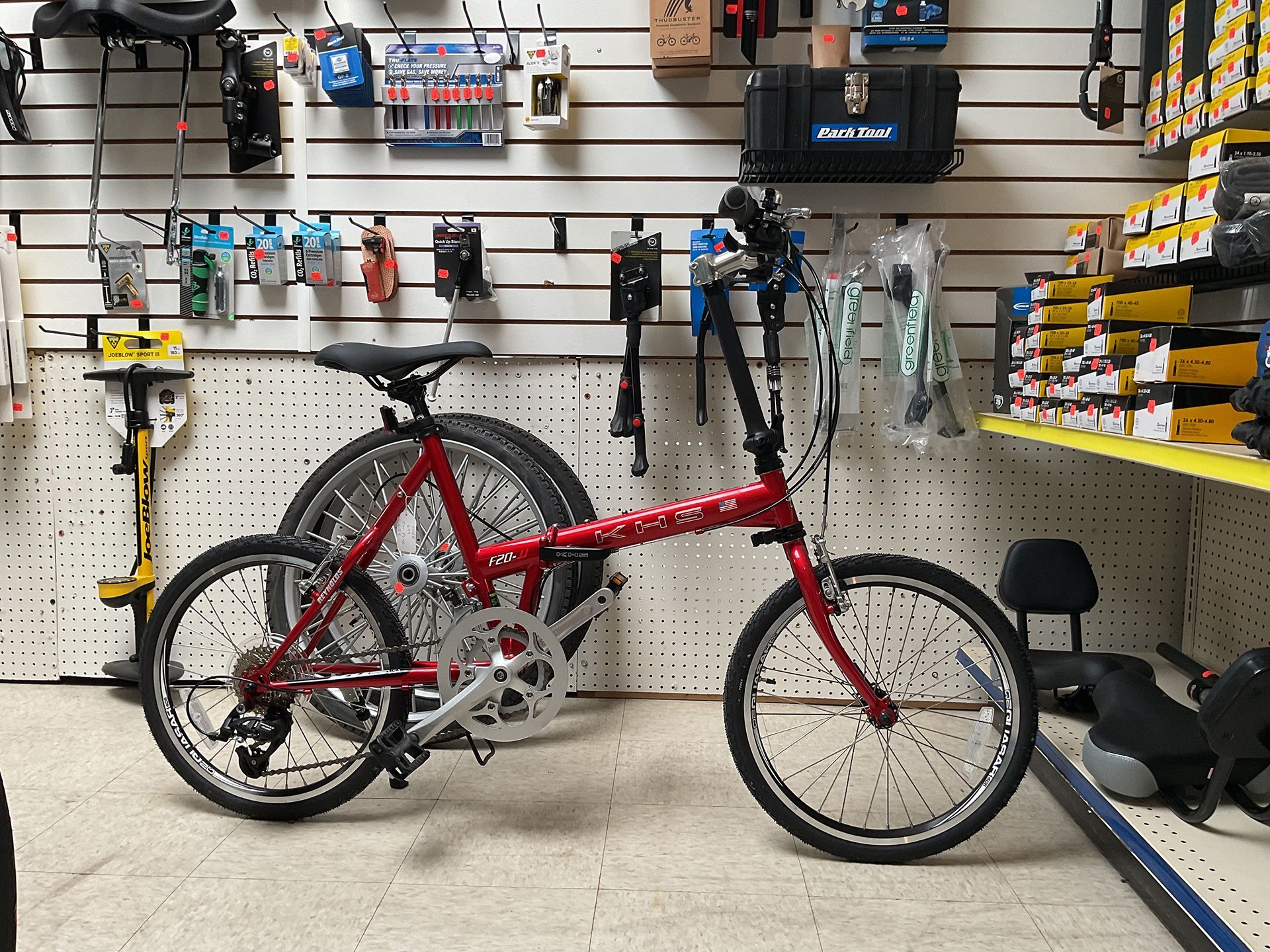 red bike and accessories