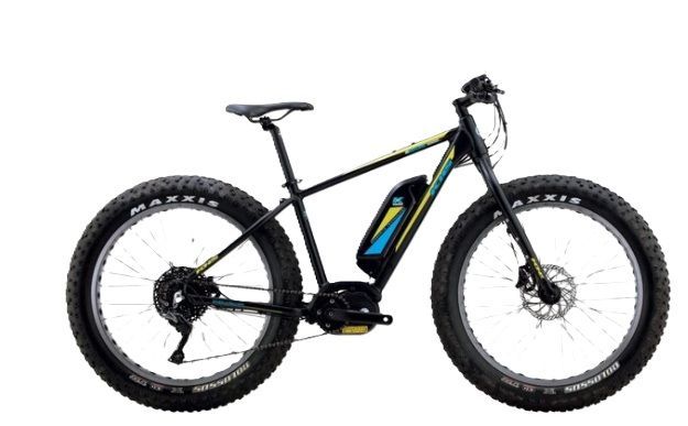 A black electric mountain bike with oversized fat tires, a mid-drive motor, and a mounted battery, shown in profile.
