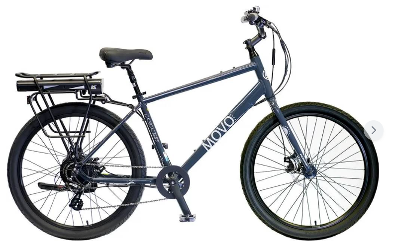 A dark blue MOVO electric commuter bike with a rear cargo rack and battery, shown from the side against a white background.