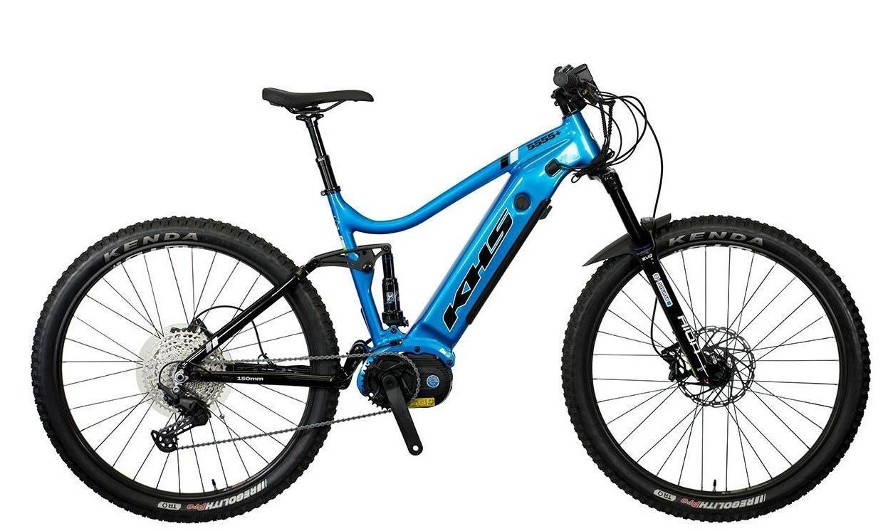 A bright blue electric mountain bike with full suspension, viewed from the side against a white background.