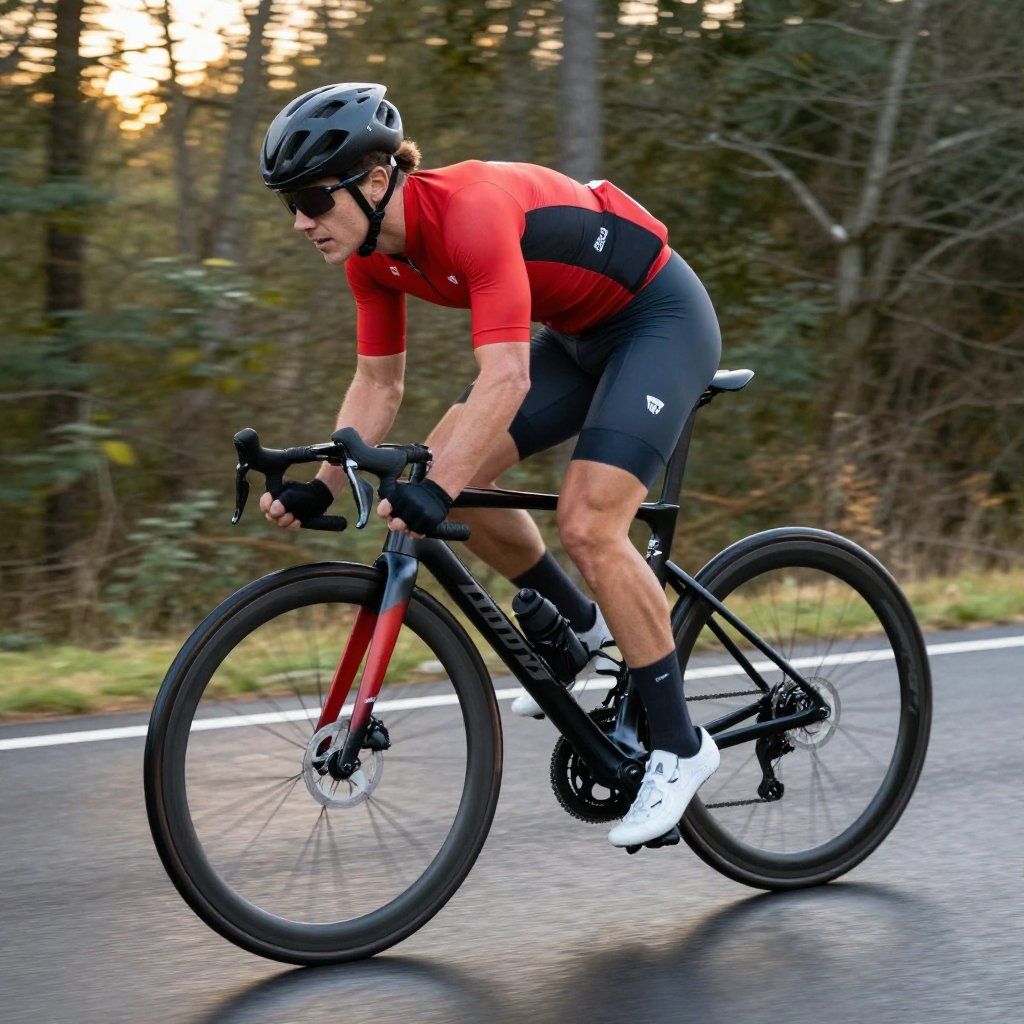 A cyclist in a red jersey and black shorts riding a road bike on a paved path surrounded by trees.