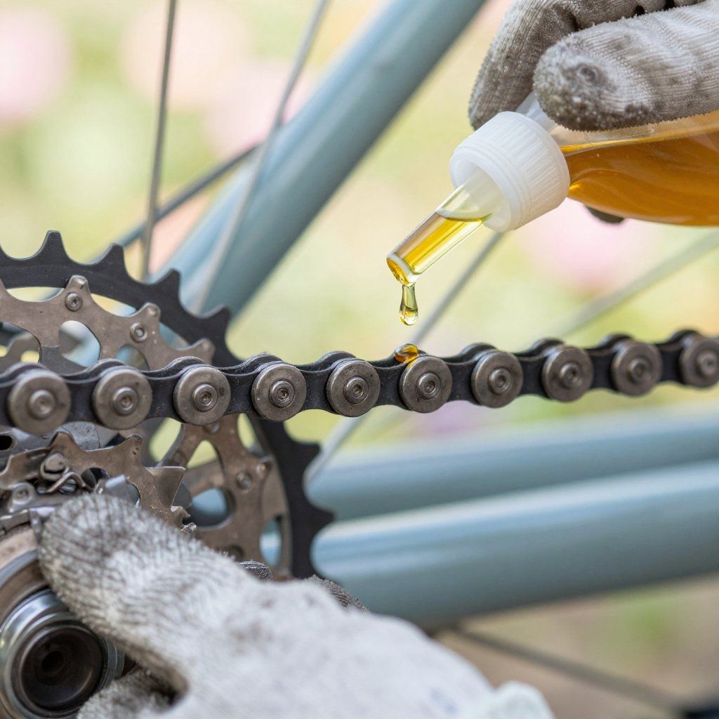 Gloved hands applying lubricant to a bicycle chain near the gear cassette.