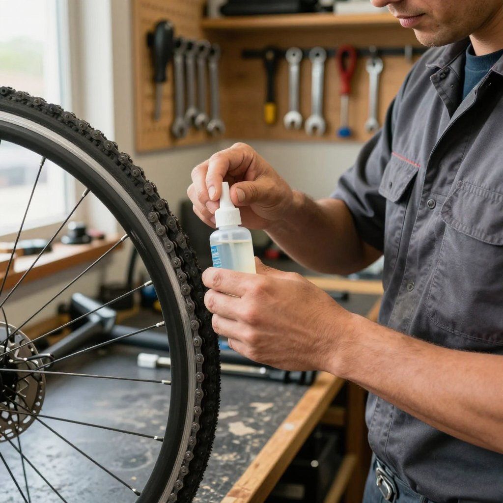 A technician in a workshop applies oil to a bicycle chain from a small clear bottle.