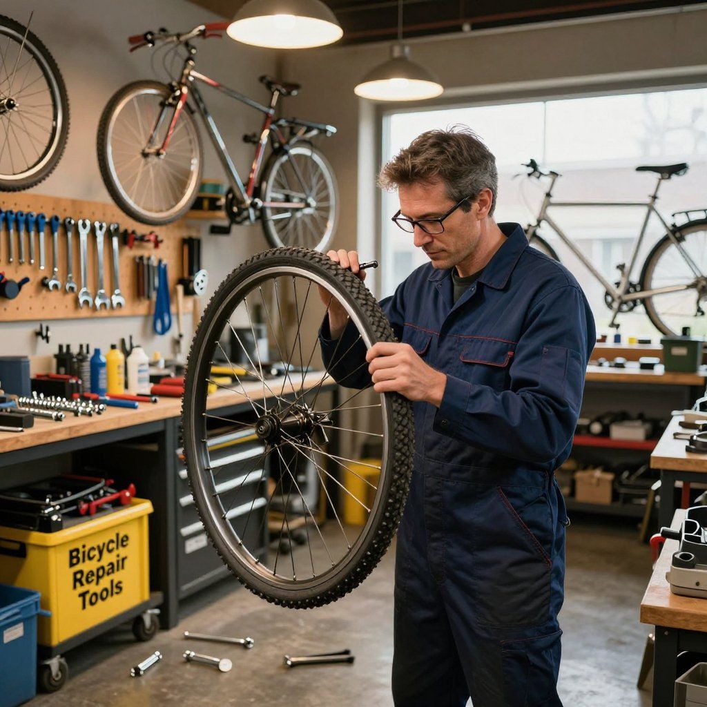 A person wearing blue coveralls examines a bicycle wheel in a well-equipped repair shop.