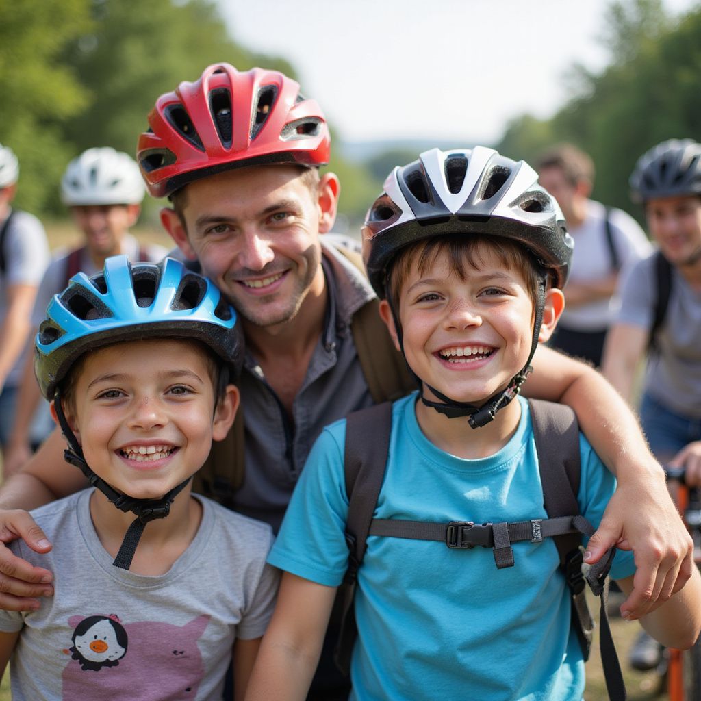 A smiling adult and two children wear bicycle helmets and backpacks while outdoors on a sunny day.