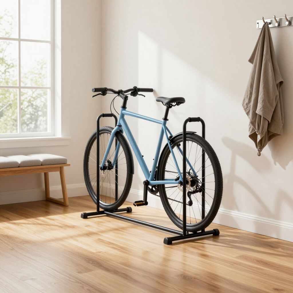 A light blue bicycle stands parked in a black metal floor rack inside a sunlit room near a wooden bench and wall hooks.