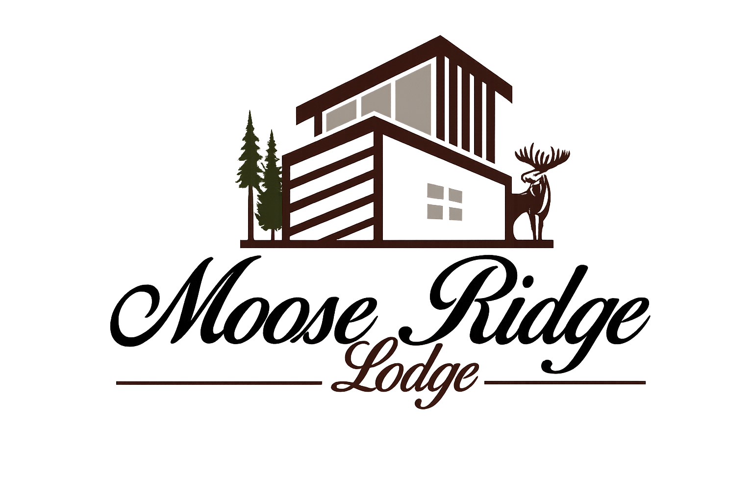 Moose Ridge Lodge logo with a brown lodge, pine tree, and moose icon above script text