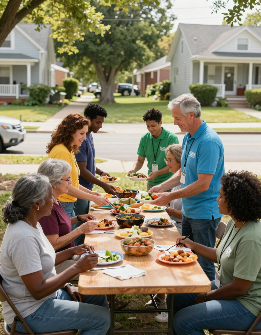 Volunteers at an outdoor community meal table