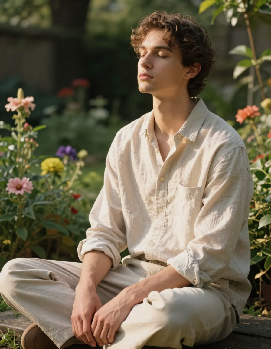 Person sitting peacefully in a sunlit garden in calm reflection