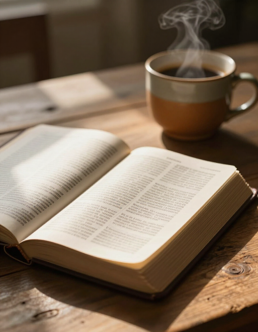 Open Bible on a wooden table in warm morning light