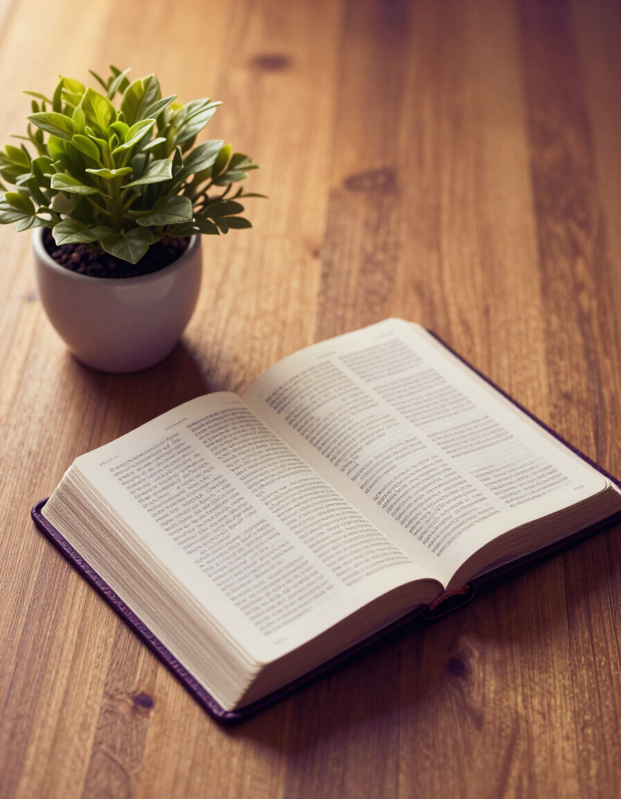 Open Bible on a wooden surface beside a potted plant