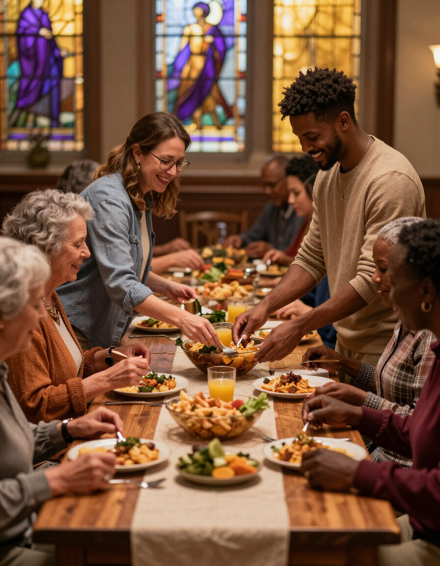 Church community gathering around tables for a community meal