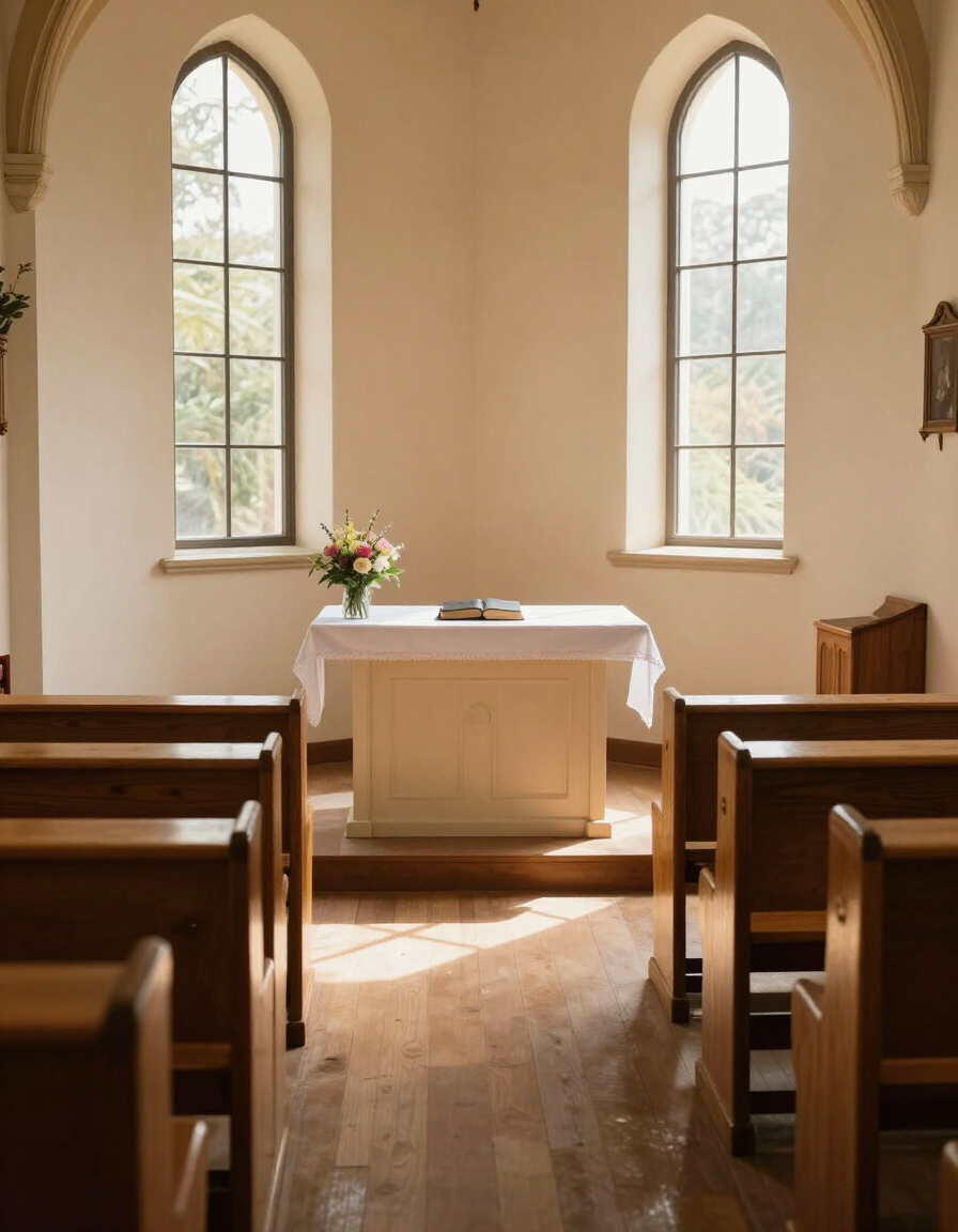 Welcoming church sanctuary interior with wooden pews and natural light