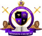 Fruit of the Spirit Mission Church logo with crown, shield, doves, crosses, lions, and open Bible
