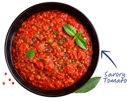 A black bowl filled with chunky red tomato sauce, garnished with basil leaves, with the words