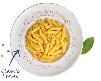 A top-down view of a bowl of penne pasta with a bay leaf garnish and text labeling it