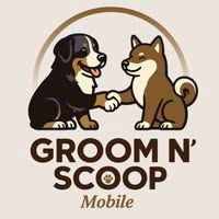 Logo of a black dog and brown dog shaking paws with text &ldquo;GROOM N&rsquo; SCOOP Mobile&rdquo;