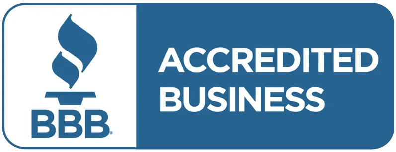 BBB Accredited Business logo in blue and white with torch icon