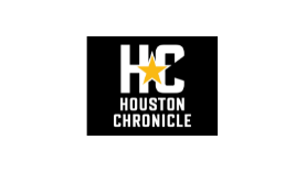 Houston Chronicle logo on black background with white and gold stylized HC letters