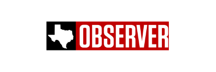 Texas Observer logo: white Texas silhouette on black next to red banner with white OBSERVER text