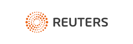 Reuters logo with orange dotted circle icon and gray wordmark on white background