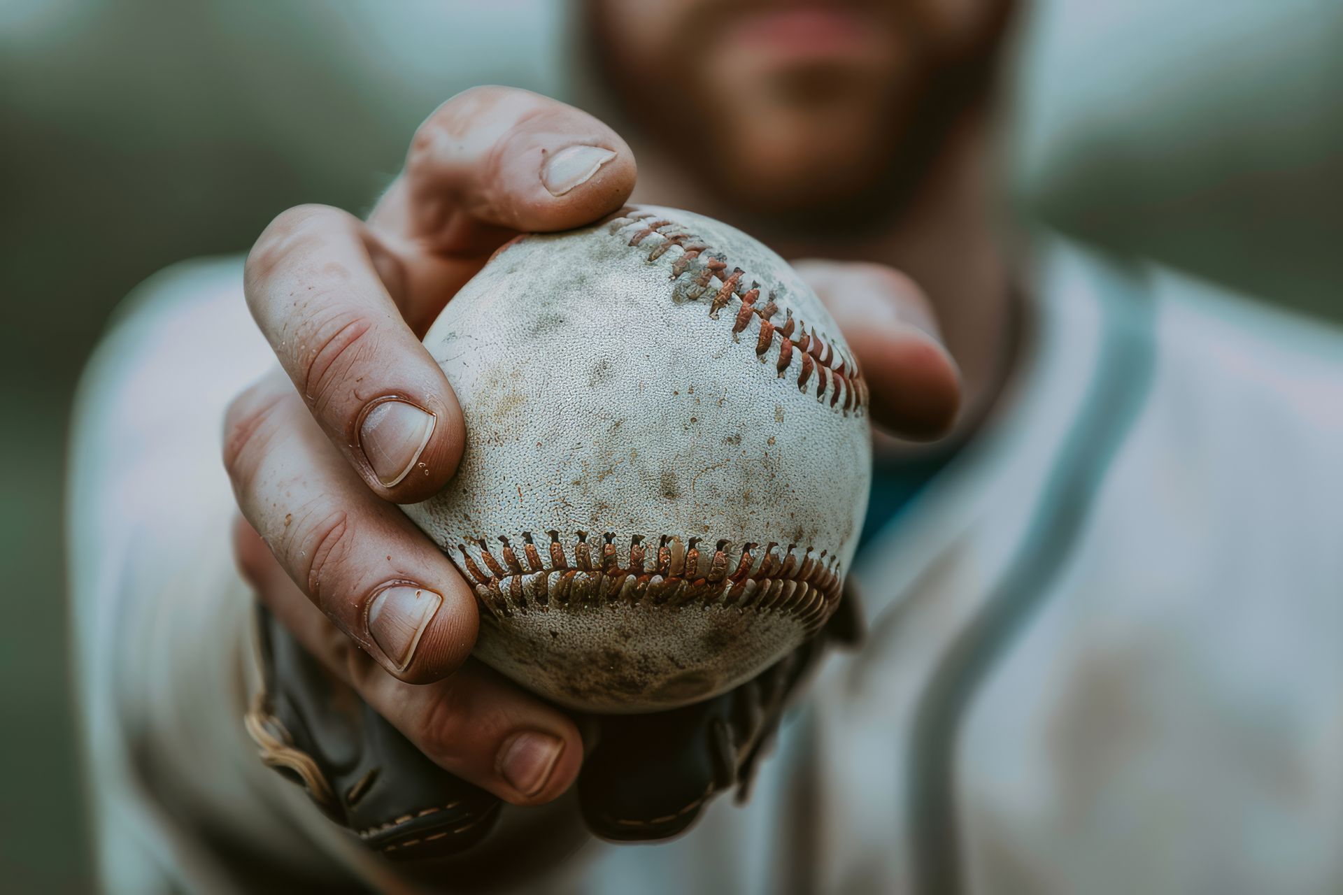 A man is holding a baseball in his hands.